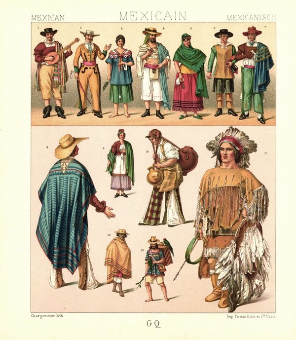 Mexiko. Eingeborene, Eroberer, Mestizen. Lithografie von 1888. (T79)