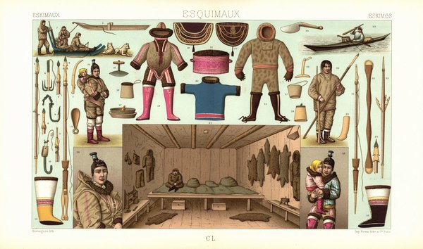 Eskimos, Inuit,  Arktische Meeresfischer. Lithografie von 1888. (T83)