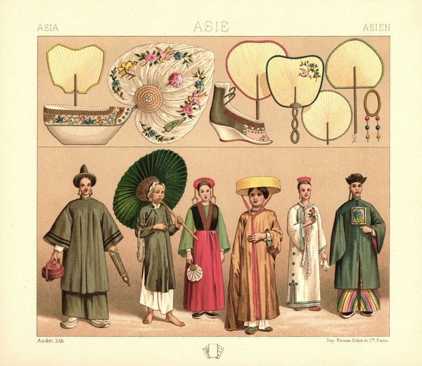 China. Schuhe, Fächer, Ohrschmuck, weiblicher Mandarin u.a. Lithografie von 1888. (T89)