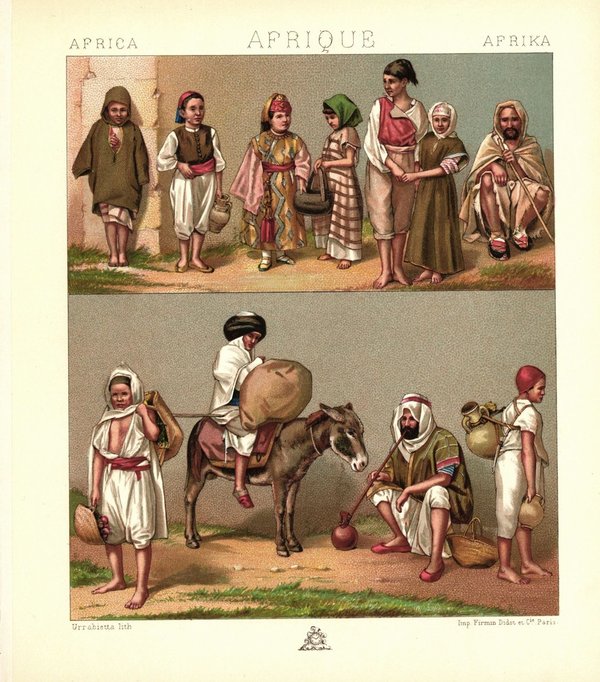 Afrika. Volkstrachten. Händler. Orientalisches Reittier. Tunesien, Alg. Lithografie von 1888. (T159)