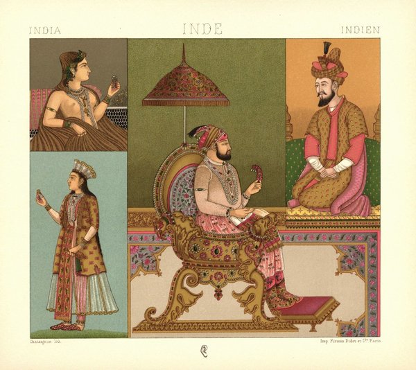 Indien. Kaiserliche Kleidung und Sessel / Thron.  Lithografie von 1888. (T114)