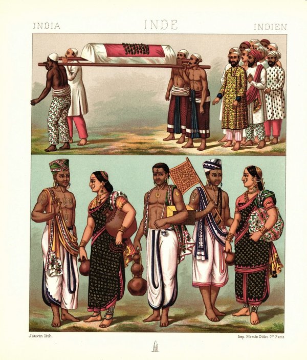 Indien. Hindus, Muslime, Begräbnis. Lithografie von 1888. (T126)