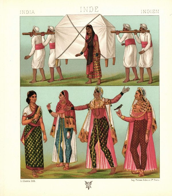Indien. Transportmittel, Gouvernante, Tänzerinnen. Lithografie von 1888. (T124)
