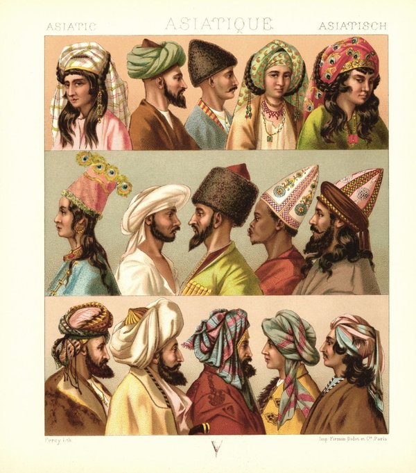 Asien. Schmuck der Verlobten. Kopfbedeckungen. Lithografie von 1888. (T136)