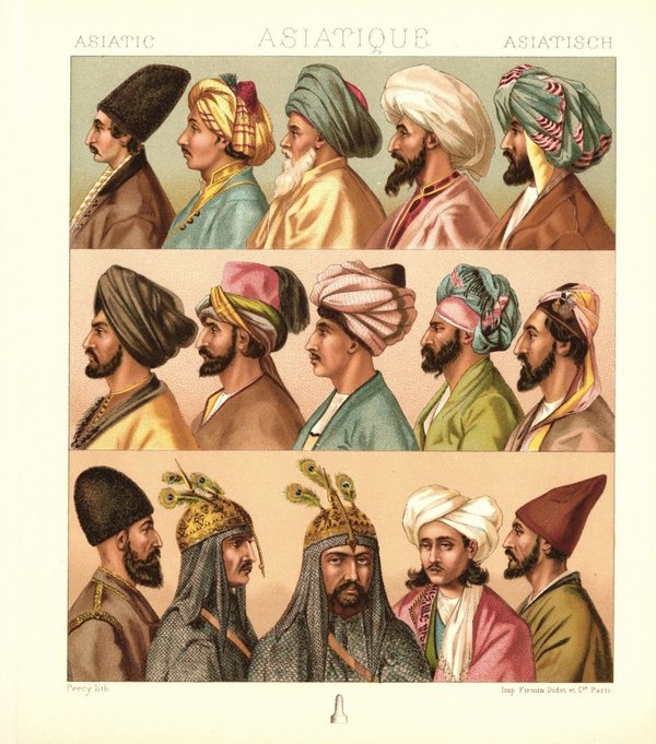 Asien. Kopfbedeckungen. Persische Volksgruppen. Lithografie von 1888. (T135)
