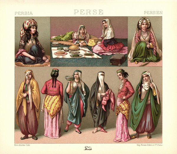 Persien. Frauentrachten. Lithografie von 1888. (T137)