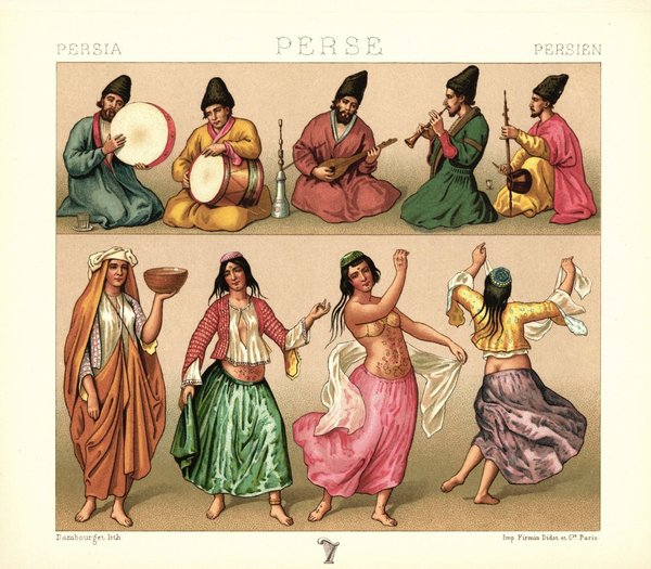 Persien. Tänzerinnen, Musiker. Musikinstrumente. Lithografie von 1888. (T139)