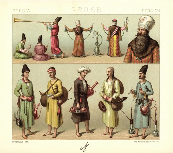 Persien. Dienstpersonal des Schahs.  Musiker, Pfeifenträger. Lithografie von 1888. (T141)