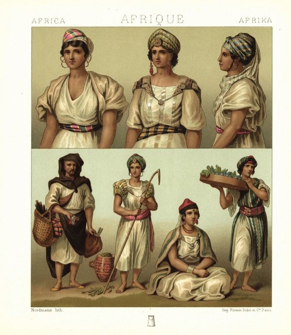 Afrika. Maurische, Kabylische, Mozabitische Frauen. Lithografie von 1888. (T151)