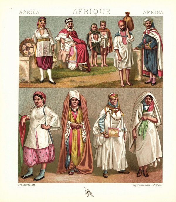 Afrika. Algerische, Tunesische Maurinnen. Fürst, Bäuerin. Lithografie von 1888. (T162)