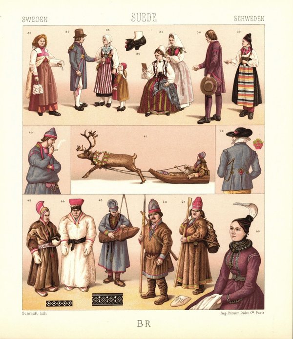Schweden, Island, Lappland. Trachten und Volksbräuche.  Lithografie von 1888. (T412)