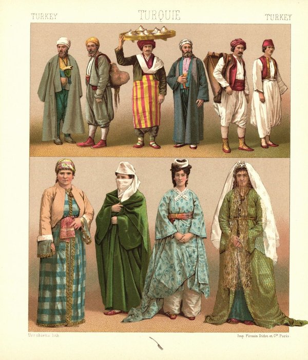 Türkei. Trachten aus Konstantinopel. 19. Jhd. Lithografie von 1888. (T175)