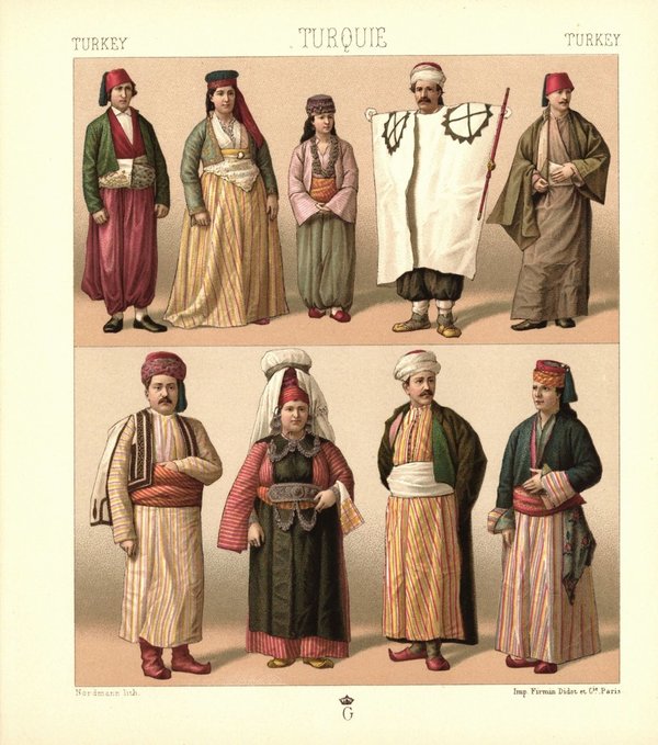 Türkei. Kleinasien. Trachten der Vilayets Aydin, Konya, Ankara. Lithografie von 1888. (T176)