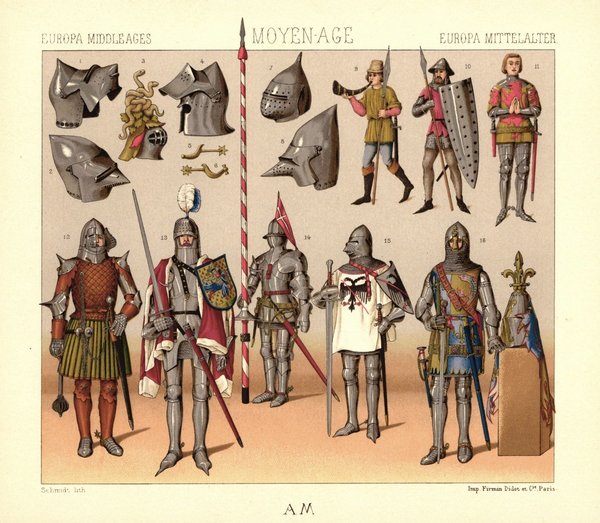 Mittelalter. Frankreich. Militärische Kleidung. 1350-1460. Lithografie von 1888. (T217)