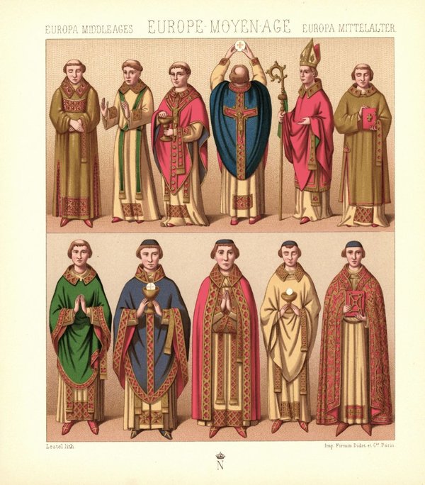 Mittelalter. Priestergewänder, Diakone. 14.-16. Jhd. Lithografie von 1888. (T194)