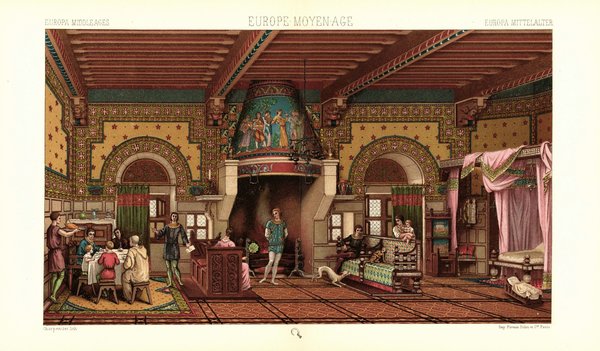 Frankreich. Innenraum. 12. Jhd. Möbel. Lithografie von 1888. (T190)