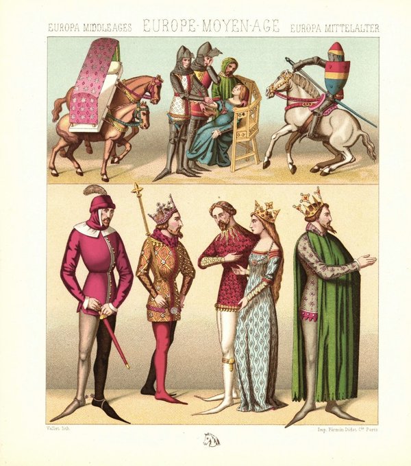 Mittelalter. 14. Jhd. Adlige im kurzen Gewand des Hochadels. Lithografie von 1888. (T206)