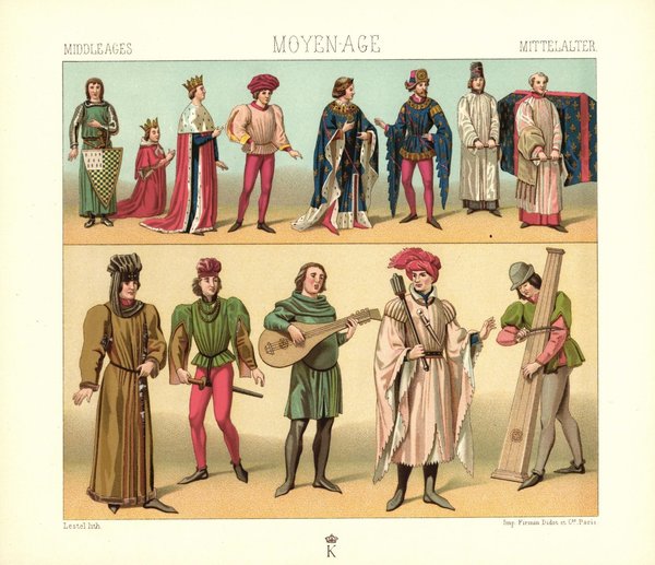Frankreich. Mittelalter.13.-15. Jhd. Höfische Kleidung. Königliche. Lithografie von 1888. (T210)