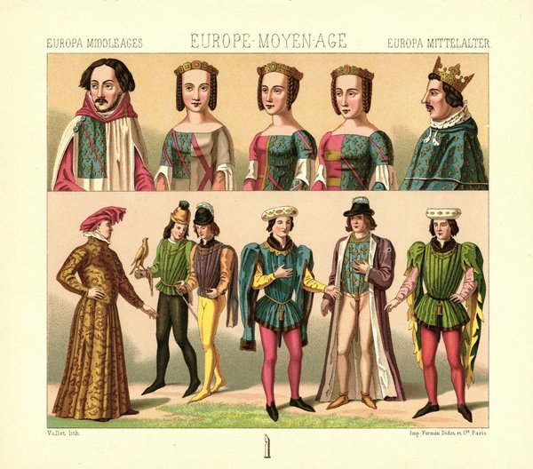 Mittelalter. Kopfbedeckungen. Männerschmuck.  Lithografie von 1888. (T212)