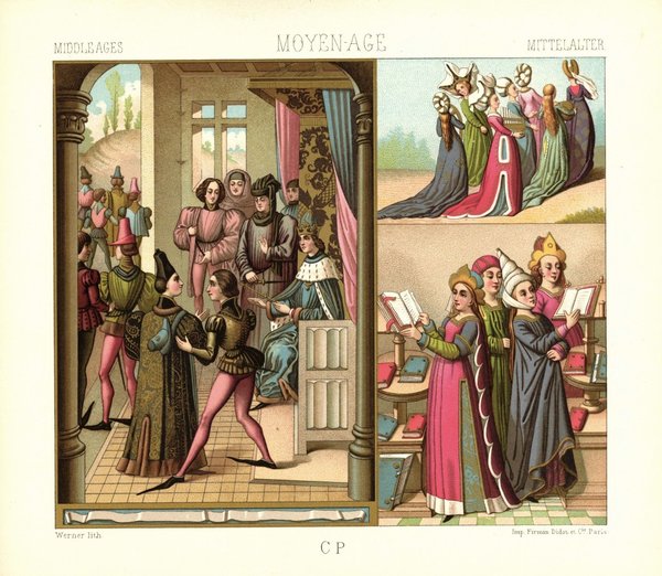 Mittelalter. Adelige und Könige. Lithografie von 1888. (T214)