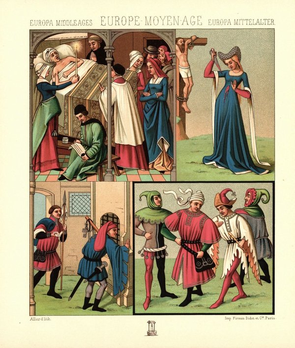 Mittelalter. Frankreich 14. u. 15. Jhd. Notar, Gaukler, Mobiliar.  Lithografie von 1888. (T213)