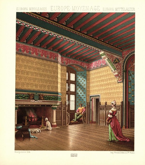 Innenansicht eines französischen Wohnauses. 15. Jhd. Lithografie von 1888. (T235)
