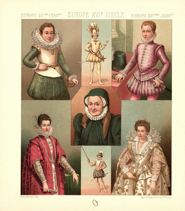 Europa, 16. Jhd., Porträts, Edelmänner, adlige Damen. Lithografie von 1888. (T278)