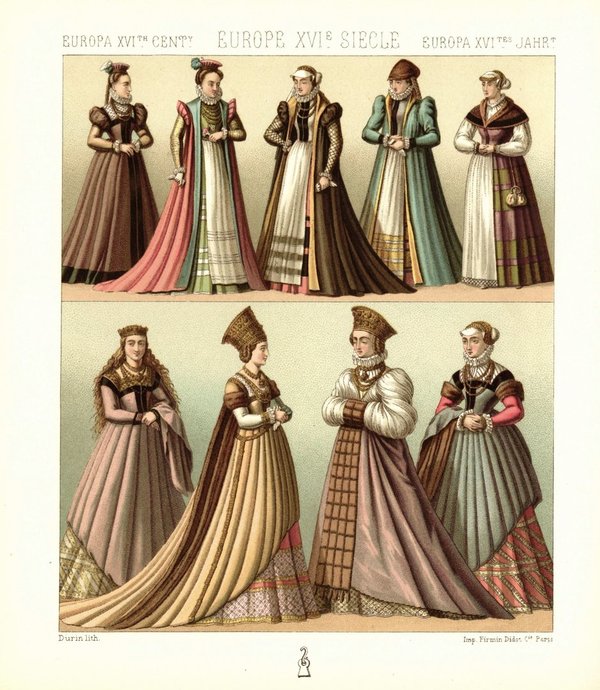 Deutschland. Hochzeitskleidung, Ehefrau, Bäuerin, 16.-17. Jhd. Lithografie von 1888. (T279)