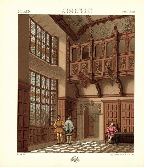 England, Großer Saal, Wandtäfelung, Beginn 17. Jhd. Lithografie von 1888. (T300)
