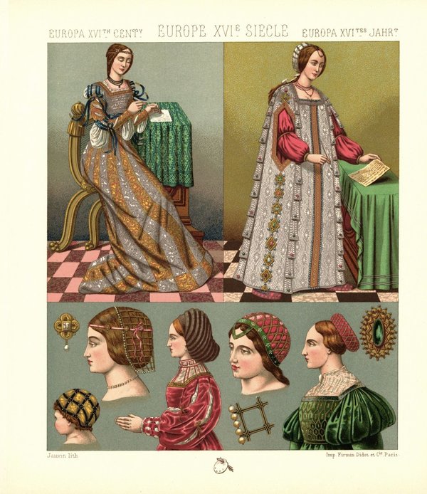 Italien. 16. Jhd. Heiratsfähiges Mädchen, Haartrachten. Lithografie von 1888. (T252)