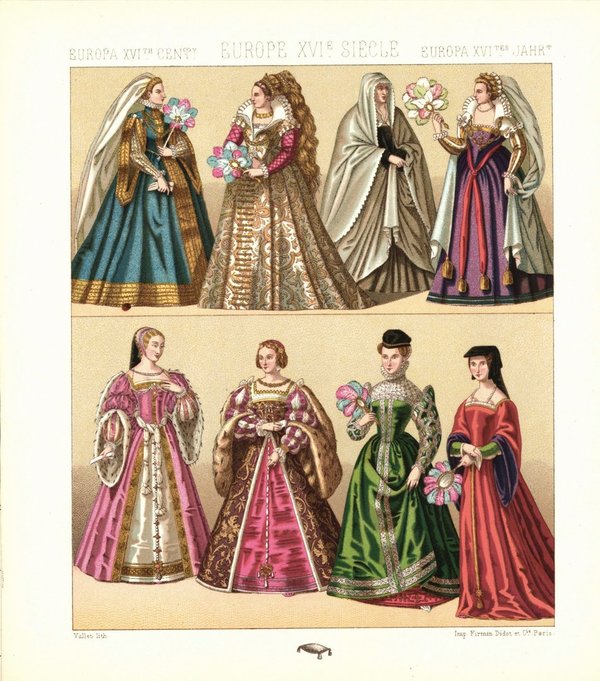 Europa. Damen aus dem französischen Adel, historische Figuren 1520-50. Lithografie von 1888. (T264)