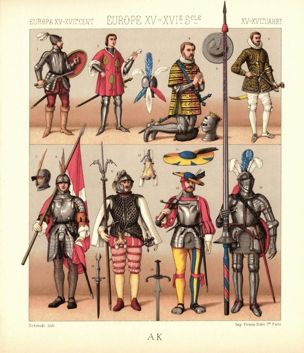 Frankreich. Militärkleidung Edelmänner. 15.-16. Jhd. Lithografie von 1888. (T254)