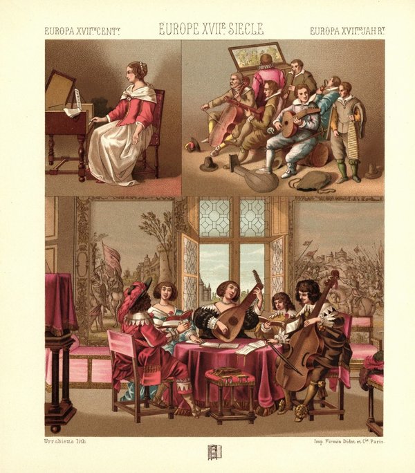 Frankreich und Flandern. Innenräume, Musikinstrumente, 17. Jhd. Lithografie von 1888. (T326)