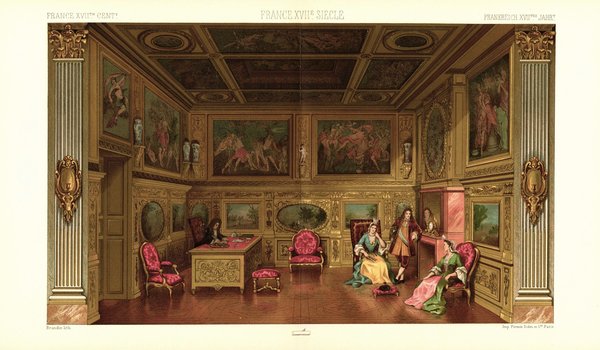 Frankreich. Blick ins Innere des Wohnhauses eines Wohlhabenden. 17. Jh. Lithografie von 1888. (T356)