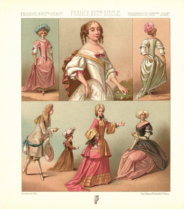 Frankreich. Höfische Kleidung, Tänzerinnen, Reitkostüm. 17.Jhd. Lithografie von 1888. (T363)