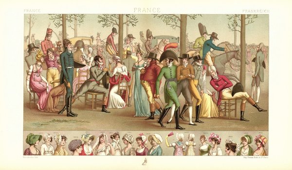 Frankreich. Beim Pferderennen. An der Promenade de Longchamp. 1802. Lithografie von 1888. (T408)