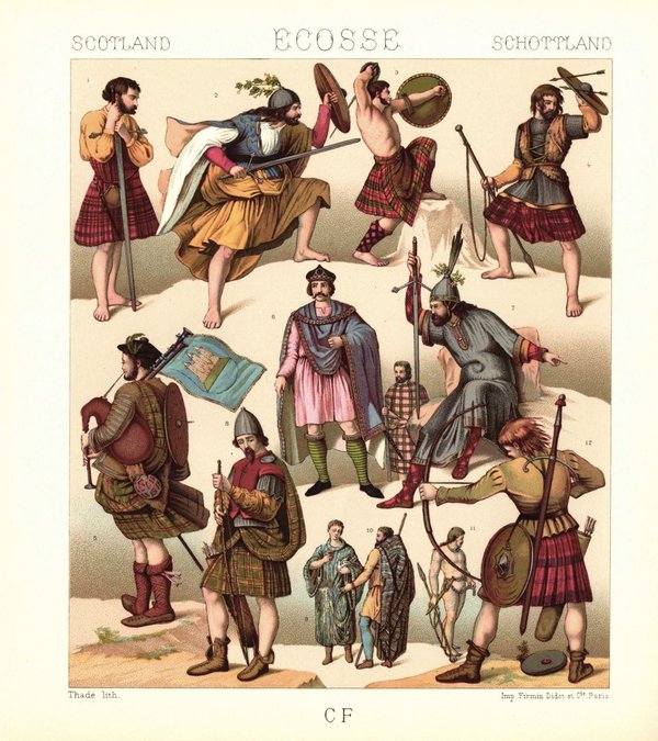 Schottland. Volkstrachten von vorchristlicher Zeit bis in die Gegenwart Lithografie von 1888. (T425)