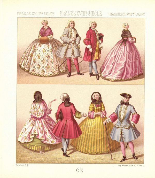 Frankreich. Modebeispiele der ersten Hälfte des 18. Jhd. Lithografie von 1888. (T368)