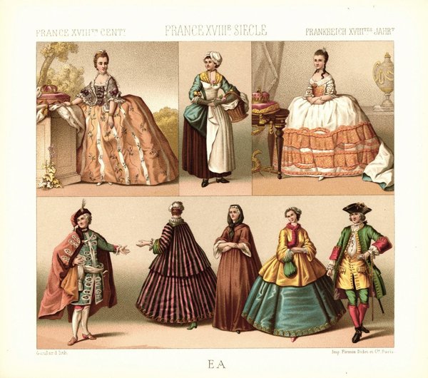 Frankreich. Kleidung des Bürgertums, der unteren Volksschichten. Lithografie von 1888. (T369)