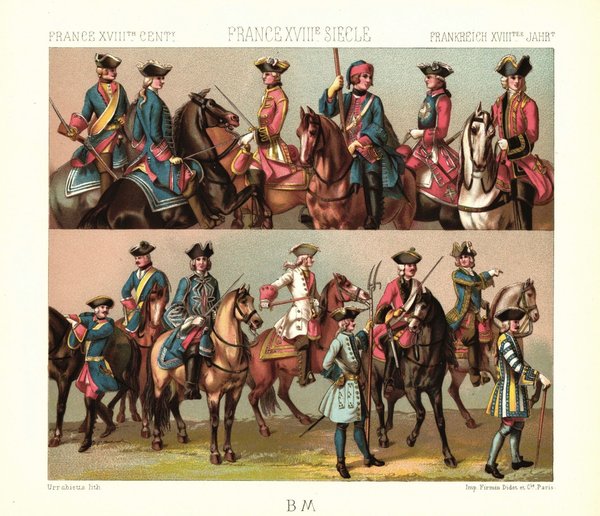 Frankreich. Kavallerie, Infanterie, Waffen, Pferde. 1724-1745. Lithografie von 1888. (T381)