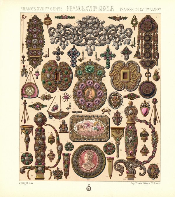Frankreich. Juwelen. Schmuckgegenstände des 18. Jhd.  Lithografie von 1888. (T380)