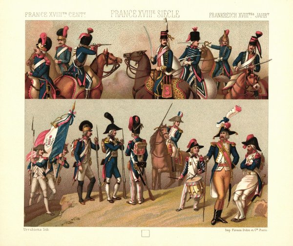 Frankreich. Reguläre Truppen. 1792-1793. Artillerie, Husaren. Lithografie von 1888. (T400)