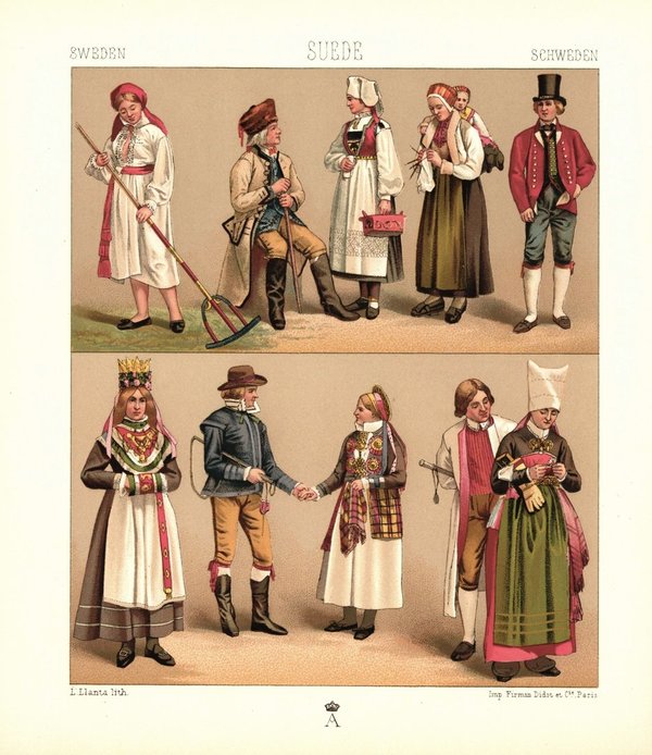 Schweden und Norwegen. Bauern.  Lithografie von 1888. (T415)