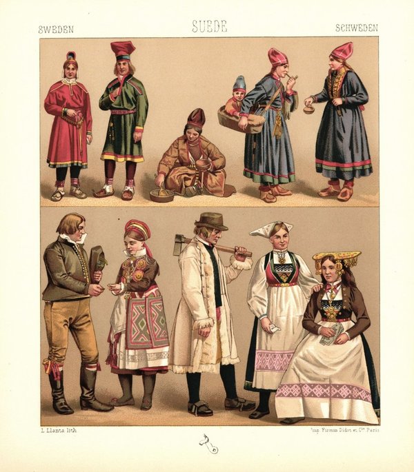 Lappland, Norwegen, Schweden. Samische Ehemänner, Frauen, Kinder. Lithografie von 1888. (T414)