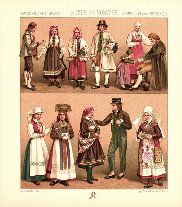 Schweden und Norwegen. Braut, Brautjungfer, Sonntagskleidung, Hochzeit. Lithografie von 1888. (T416)