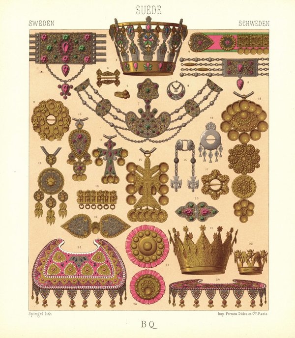 Schweden und Norwegen. Von Bäuerinnen getragener Schmuck, Metalle. Lithografie von 1888. (T417)