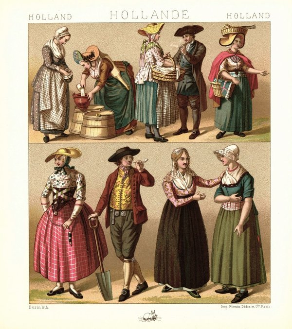 Holland. Traditionelle Kleidung. Beginn des 19. Jhd. Lithografie von 1888. (T420)