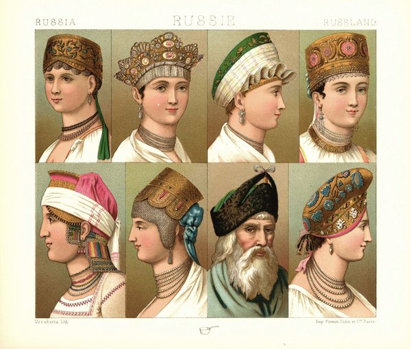Russland. Volkstümliche Kopfbedeckungen, Kopfschmuck.  Lithografie von 1888. (T441)