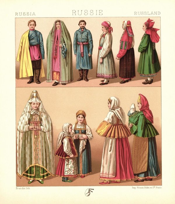 Russland. Slawische Russen.Mordwinen, Kalmücken, Tataren u.a.  . Lithografie von 1888. (T440)