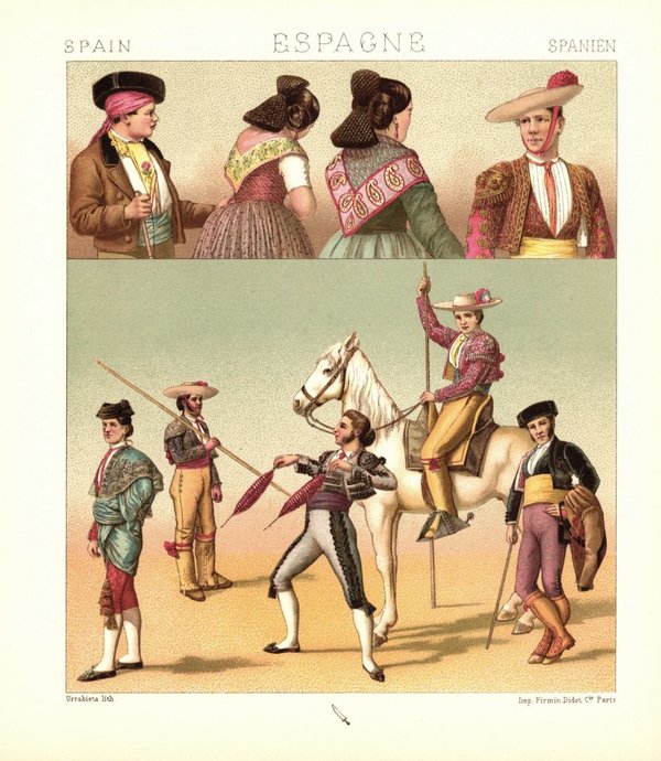Spanien. Stierkämpfer zu Pferde. Zuschauer.  Lithografie von 1888. (T471)